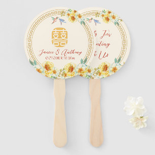 Chinese wedding frame yellow floral bird elegant hand fan