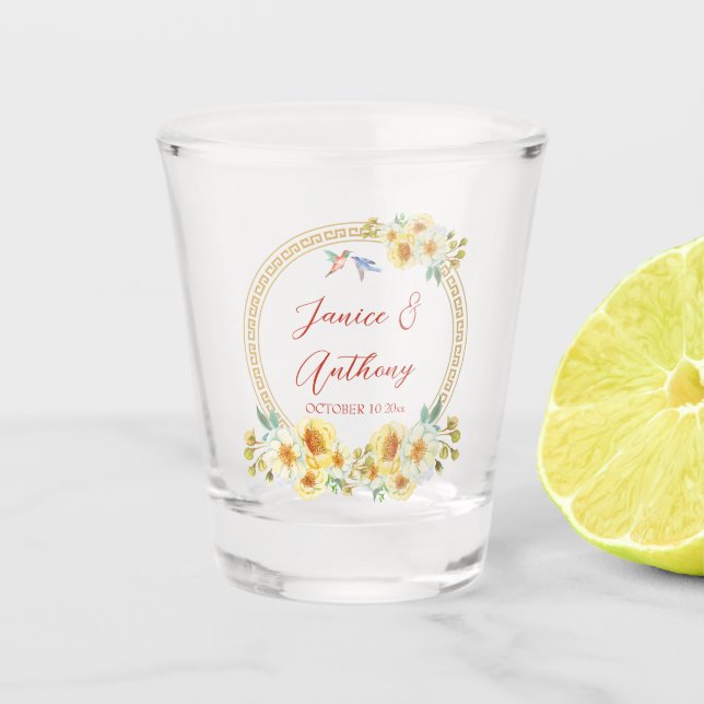 Chinese wedding frame yellow floral bird elegant shot glass (Front)