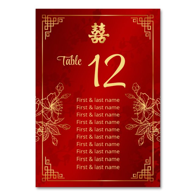 Chinese Wedding Guest Names  Table Number (Front)