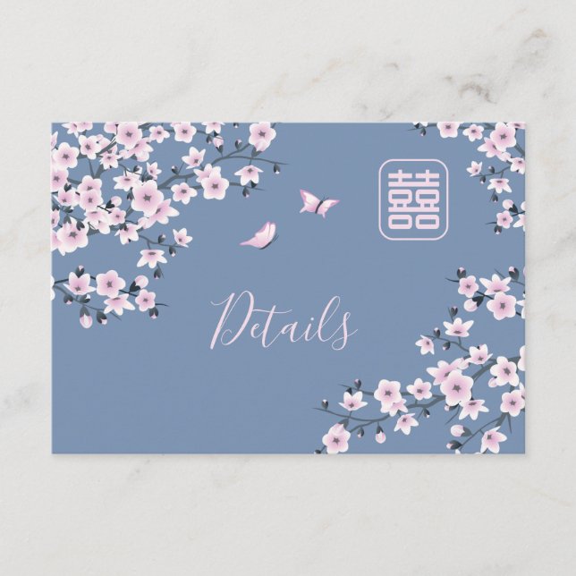 Chinese Wedding Pink Dusty Blue Wedding Details Enclosure Card (Front)