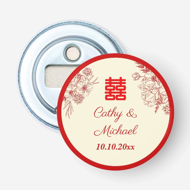 Chinese wedding red beige floral oriental bottle opener (Front)