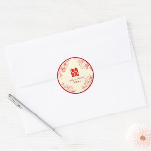 Chinese wedding red beige floral oriental classic round sticker