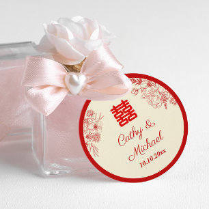 Chinese wedding red beige floral oriental favour tags