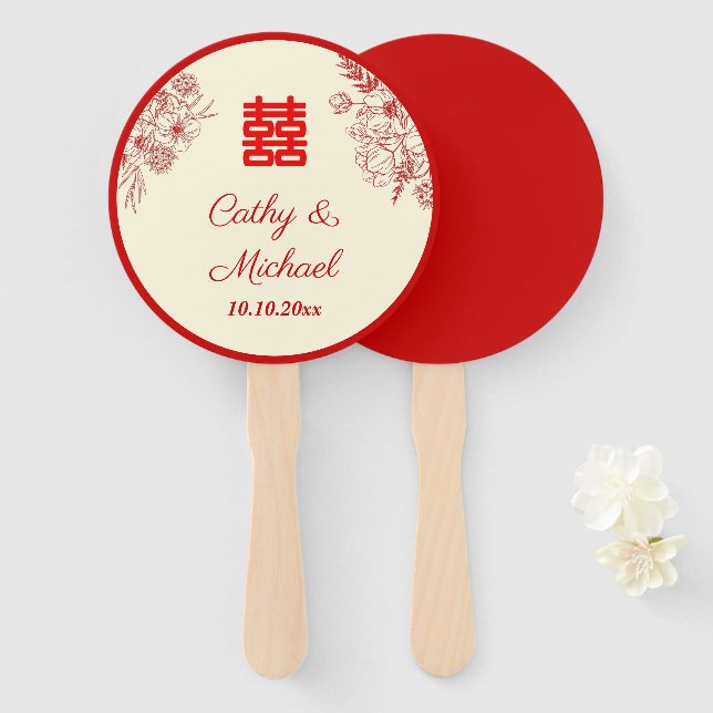 Chinese wedding red beige floral oriental hand fan (Front and Back)