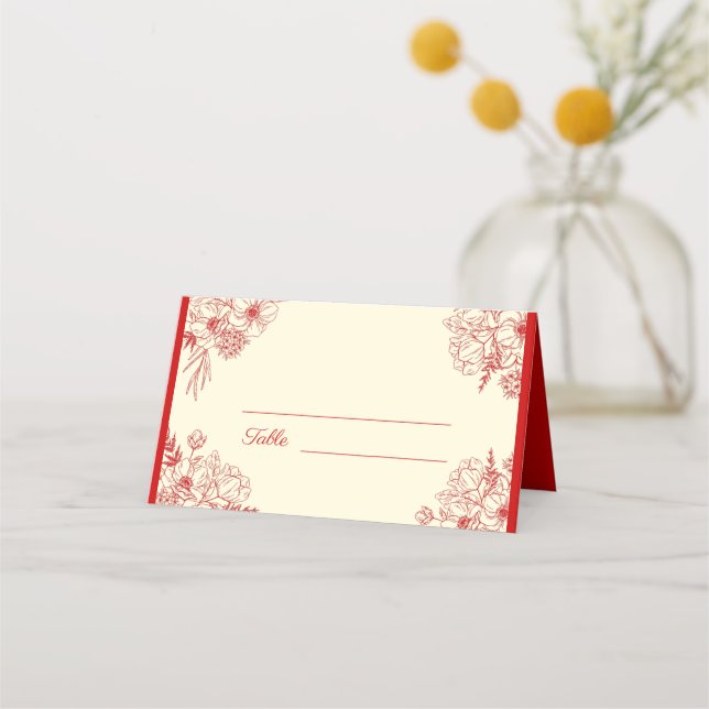 Chinese wedding red beige floral oriental place card (Front)