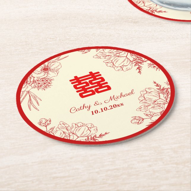 Chinese wedding red beige floral oriental round paper coaster (Angled)
