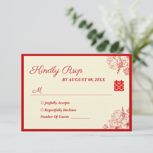 Chinese wedding red beige floral oriental RSVP card (Standing Front)