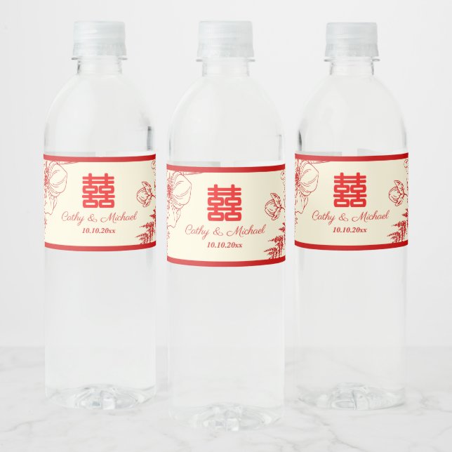 Chinese wedding red beige floral oriental water bottle label (Bottles)