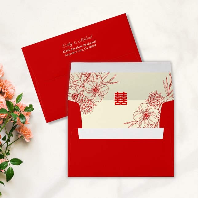 Chinese wedding red beige floral return address envelope (Creator Uploaded)