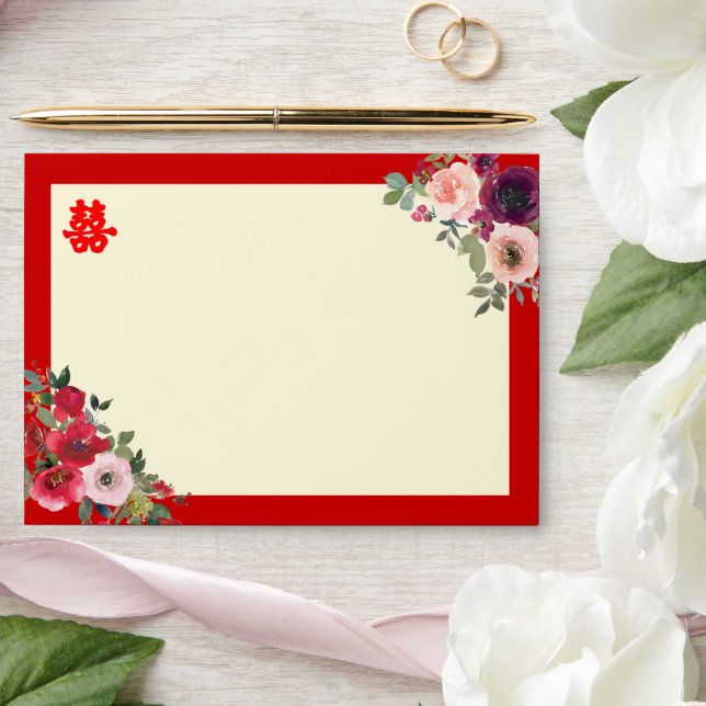 Chinese wedding red floral garden return address envelope (Wedding)