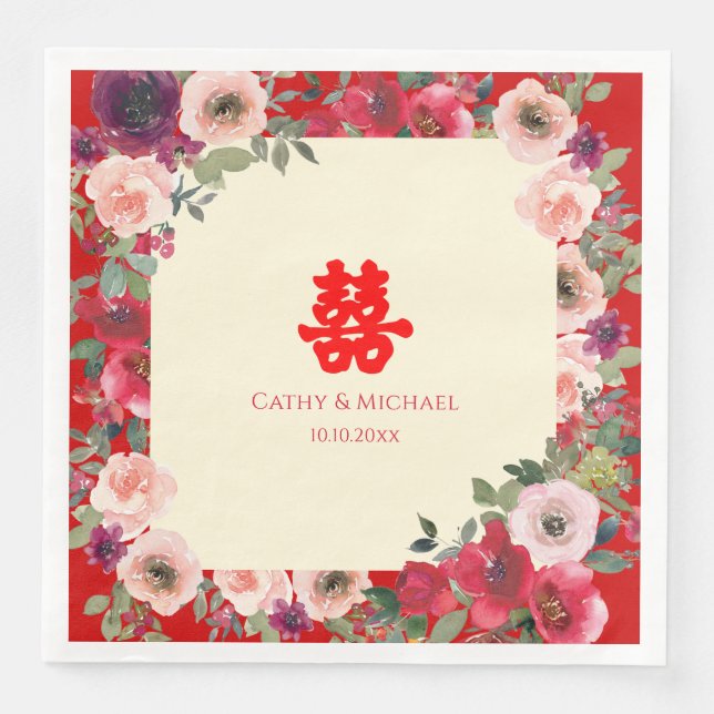 Chinese wedding red garden floral double happiness napkin (Front)