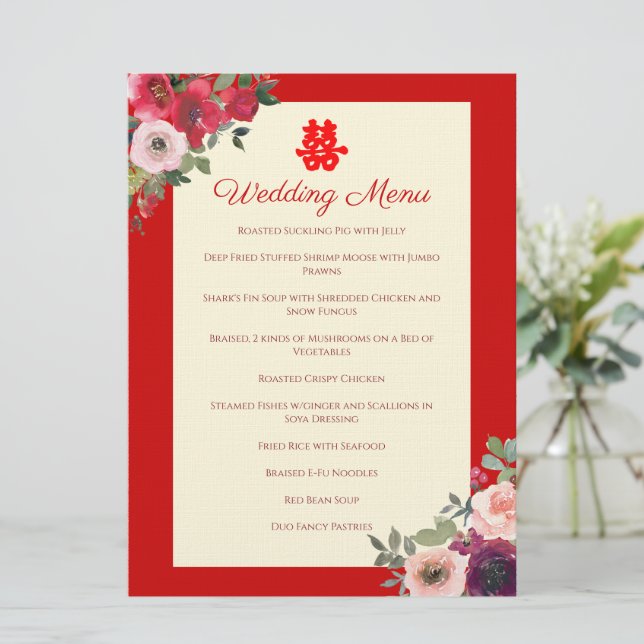Chinese wedding red purple floral garden menu (Standing Front)