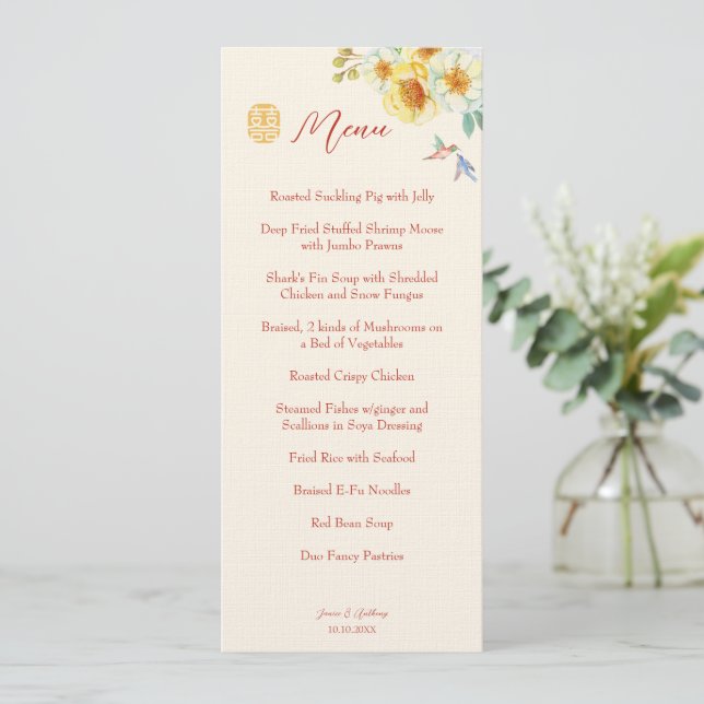 Chinese wedding yellow floral bird elegant menu (Standing Front)