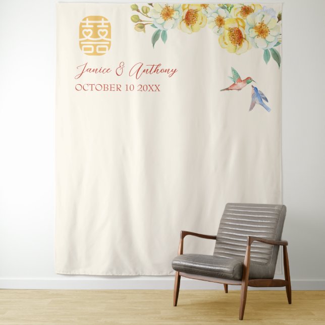 Chinese wedding yellow floral bird photo backdrop tapestry (In Situ)