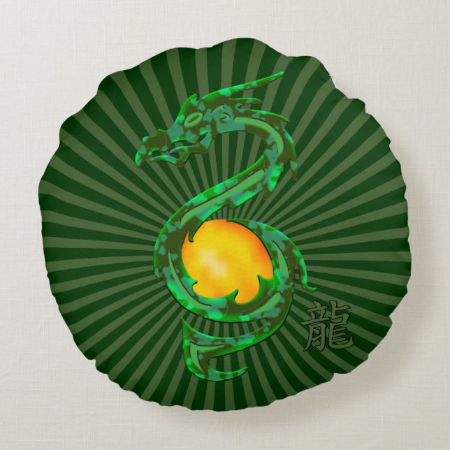 Chinese Year of the Dragon Jade Green Round Pillow (Back)