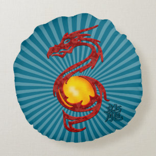 Chinese Year of the Dragon Metalic Red Round Pillow