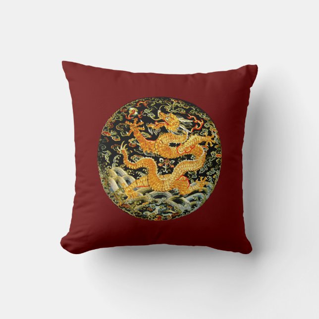 Chinese zodiac antique embroidered golden dragon throw pillow (Front)