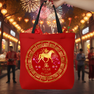 Chinese Zodiac Horse Red/Gold ID542 Tote Bag