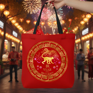 Chinese Zodiac Monkey Red/Gold ID542 Tote Bag
