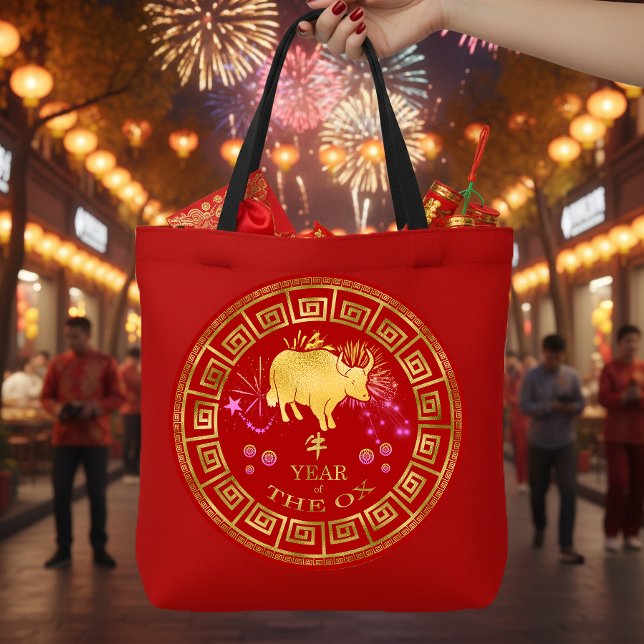 Chinese Zodiac Ox Red/Gold ID542 Tote Bag (Creator Uploaded)