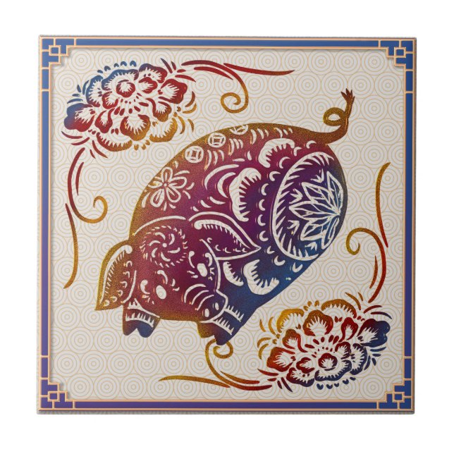 Chinese Zodiac Pig Paper Cutting Pattern Folk Art Tile (Front)