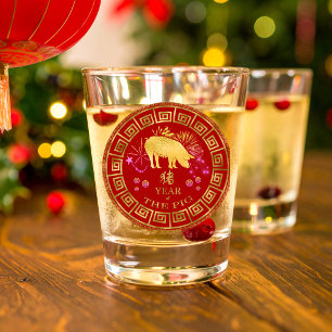 Chinese Zodiac Pig Red/Gold ID542 Shot Glass
