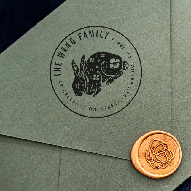 Chinese Zodiac Rabbit | Family Name Return Address Rubber Stamp (Stamp Mock-up)