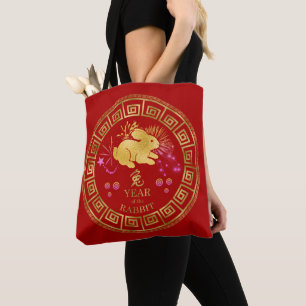 Chinese Zodiac Rabbit Red/Gold ID542 Tote Bag