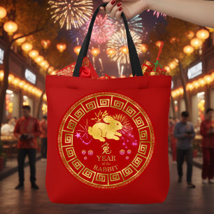 Chinese Zodiac Rabbit Red/Gold ID542 Tote Bag