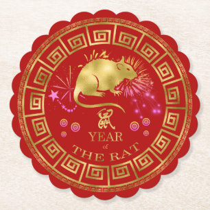 Chinese Zodiac Rat Red/Gold ID542 Paper Coaster