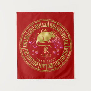 Chinese Zodiac Rat Red/Gold ID542 Tapestry