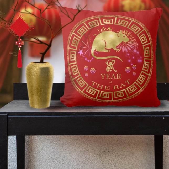 Chinese Zodiac Rat Red/Gold ID542 Throw Pillow (Creator Uploaded)
