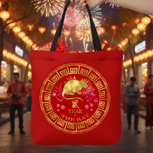 Chinese Zodiac Rat Red/Gold ID542 Tote Bag