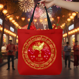 Chinese Zodiac Rooster Red/Gold ID542 Tote Bag
