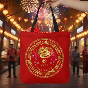 Chinese Zodiac Snake Red/Gold ID542 Tote Bag