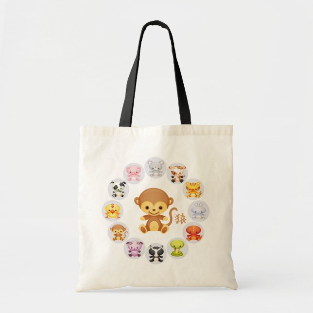 Chinese Zodiac Year of the Monkey Round Tote Bag (Front)