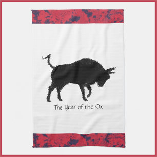 Chinese Zodiac Year of the Ox Black and Red Kitchen Towel