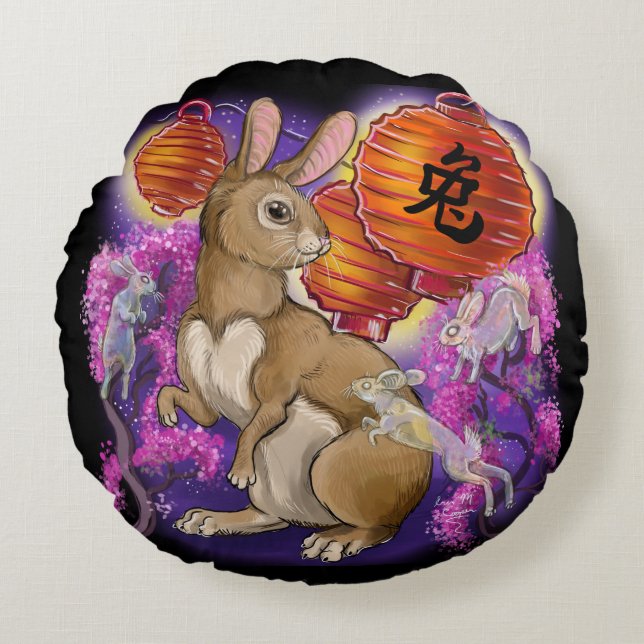 Chinese Zodiac Year of the Rabbit Round Pillow (Front)