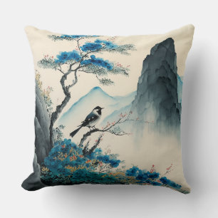 Chineses watercolor brushpainting landscape throw pillow