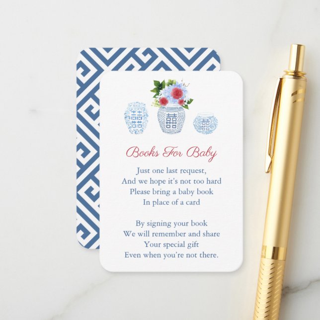 Chinoiserie 4th Of July Book Request Baby Shower Enclosure Card (Front/Back In Situ)