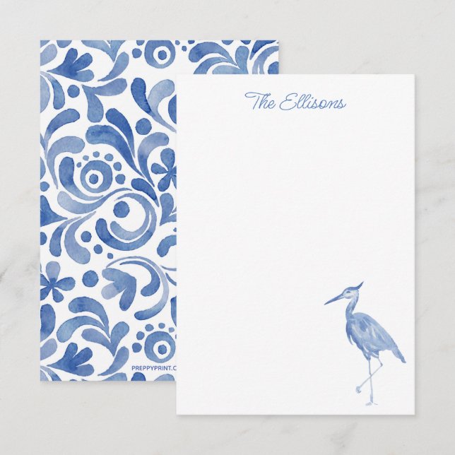 Chinoiserie Aquarelle Bleu Heron Cartes de notes p (Devant / Derrière)