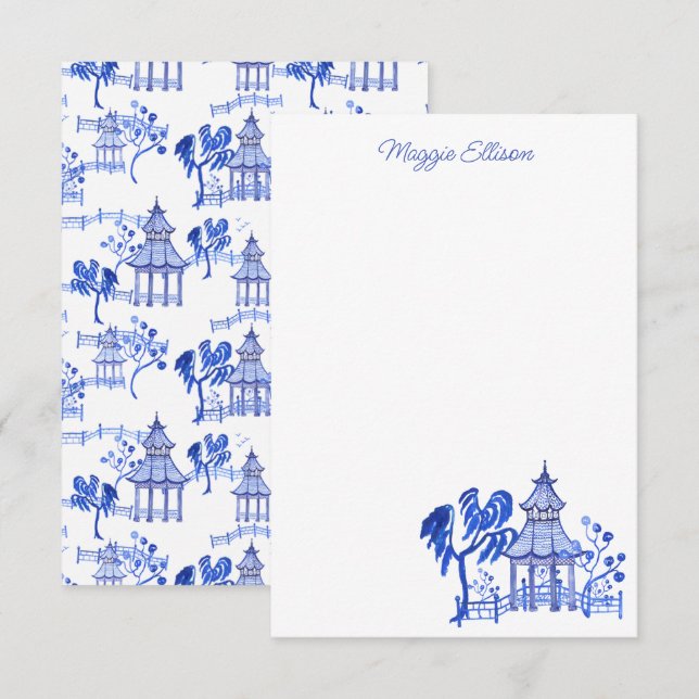 Chinoiserie Aquarelle Bleu Pagode Cartes de notes (Devant / Derrière)