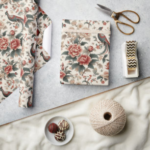 Chinoiserie Asian Bird White Red Floral Wrapping Paper