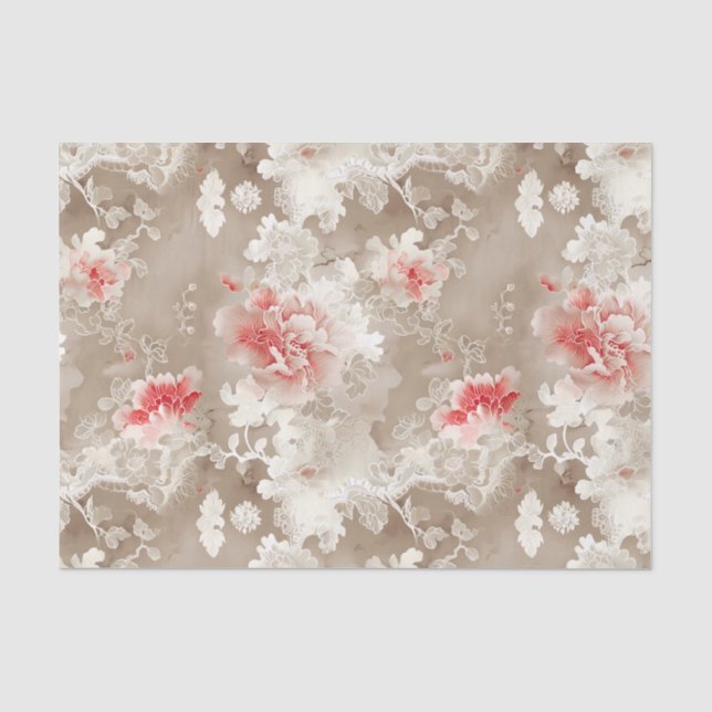 Chinoiserie Asian Floral White Pink Decoupage Tissue Paper (Front)