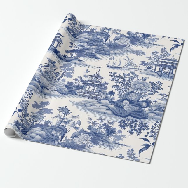 Chinoiserie Asian Landscape Painting Wrapping Paper (Unrolled)