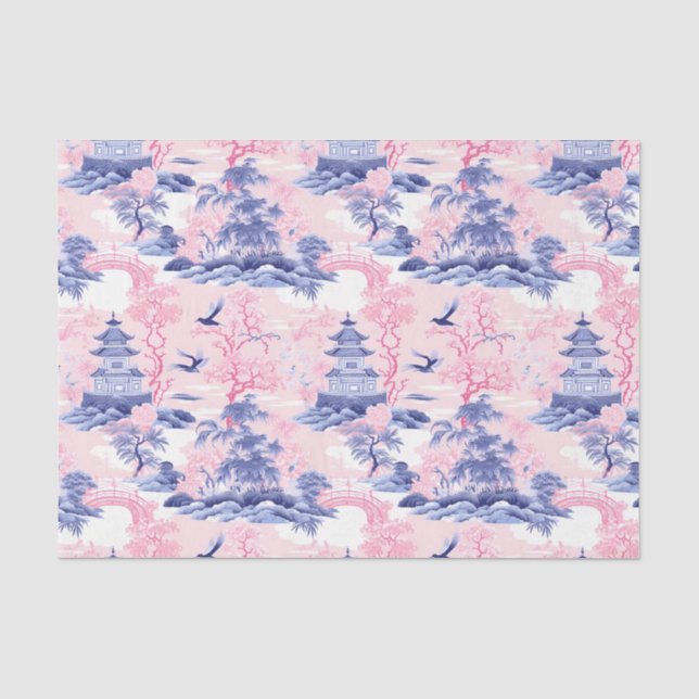 Chinoiserie Asian Landscape Pink Blue Decoupage Tissue Paper (Front)