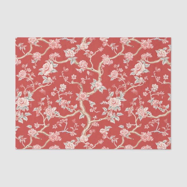 Chinoiserie Asian Red Pink Floral Decoupage Tissue Paper (Front)