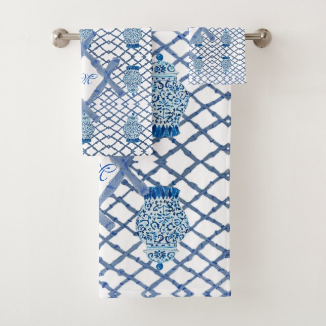 Chinoiserie Bamboo Ginger Jar Jars  Bath Towel Set (Insitu)