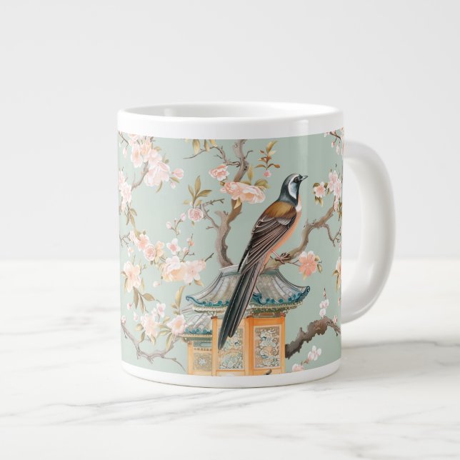 Chinoiserie Bird & Blossom Mug In Sage & Peach (Front Right)