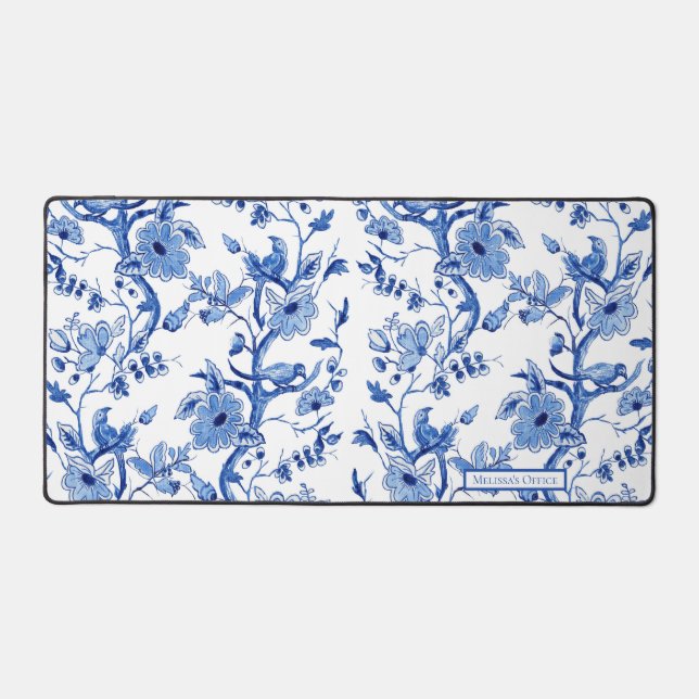 Chinoiserie Bird Floral Blue and White Office Desk Mat (Front)